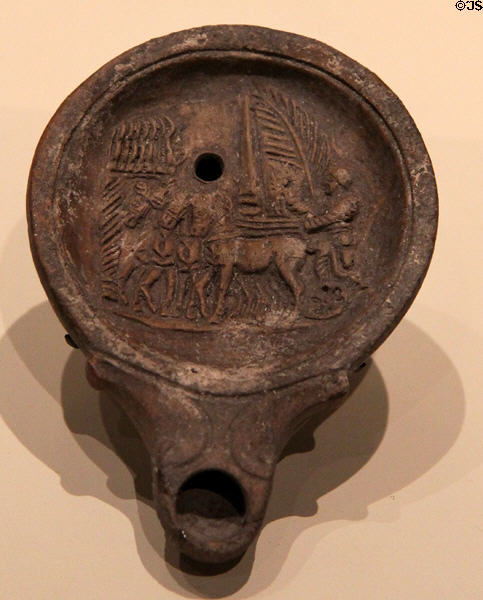 Roman terracotta oil lamp with chariot racer (c50 CE) from Asia Minor at Royal Ontario Museum. Toronto, ON.