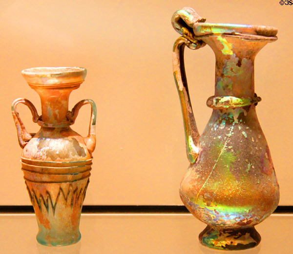 Blown glass flask (200-300 CE) from Syria & flagon (275-325 CE) from Palestine at Royal Ontario Museum. Toronto, ON.