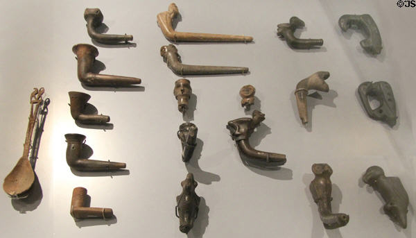 Native Iroquoian pipes & whistles (900 - 1652 CE) found in Ontario at Royal Ontario Museum. Toronto, ON.