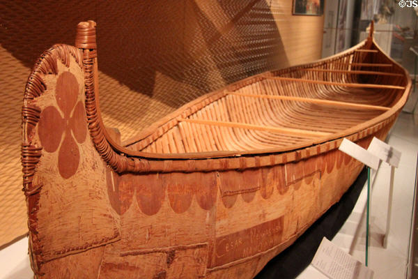 Native birchbark freight canoe (crewed by 8-10 & transported four tons) (1971) by César Newashish Manowan of Quebec at Royal Ontario Museum. Toronto, ON.