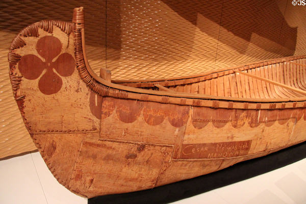 Decorative detail of native birchbark freight canoe (1971) by César Newashish Manowan of Quebec at Royal Ontario Museum. Toronto, ON.