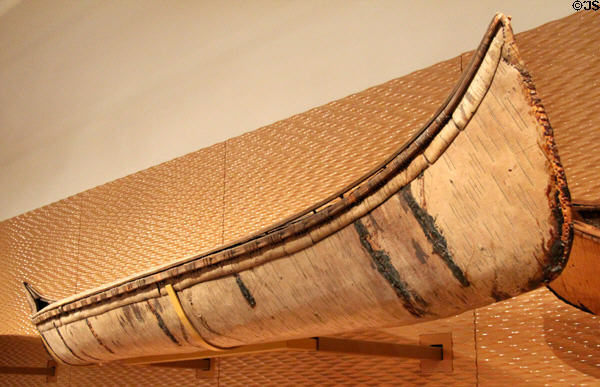 Native birchbark canoe (late 19thC) from Rivière St. François, Quebec at Royal Ontario Museum. Toronto, ON.
