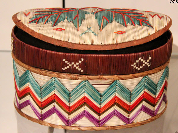 Mi'kmaq porcupine quill box with maple leaf design (19thC) from Atlantic Canada at Royal Ontario Museum. Toronto, ON.