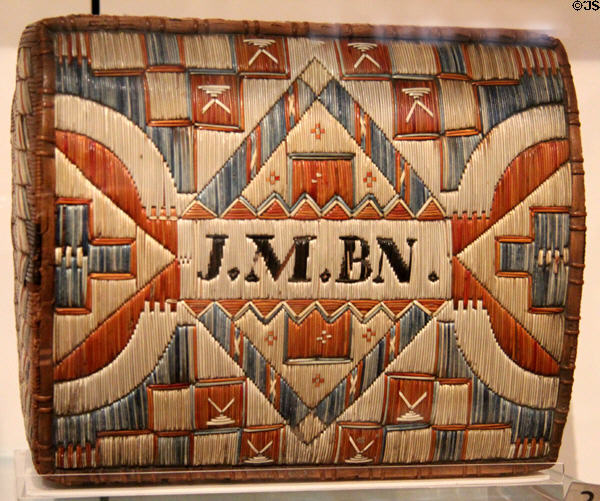 Mi'kmaq porcupine quill box with initials (19thC) from Atlantic Canada at Royal Ontario Museum. Toronto, ON.