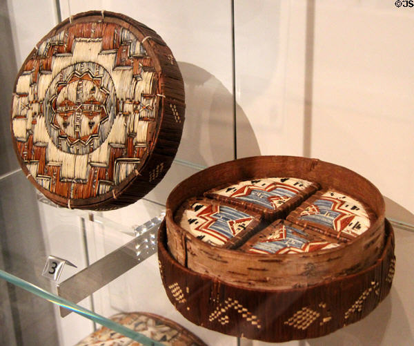 Mi'kmaq porcupine quill nesting boxes (19thC) from Atlantic Canada at Royal Ontario Museum. Toronto, ON.