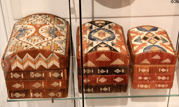 Mi'kmaq porcupine quill nesting boxes (19thC) from Atlantic Canada at Royal Ontario Museum. Toronto, ON.