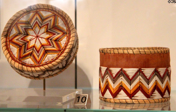Ojibwe porcupine quill box with zigzag design (c1990) from Ontario at Royal Ontario Museum. Toronto, ON.
