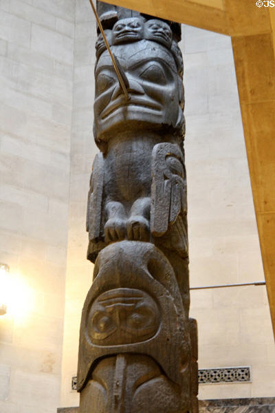 Detail of Nisga'a carved cedar memorial pole (late 19thC) at Royal Ontario Museum. Toronto, ON.