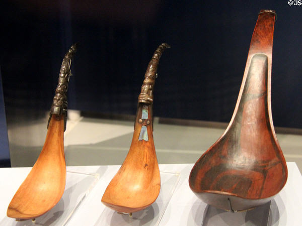 Three Haida spoons (19thC) from Haida Gwaii at Royal Ontario Museum. Toronto, ON.
