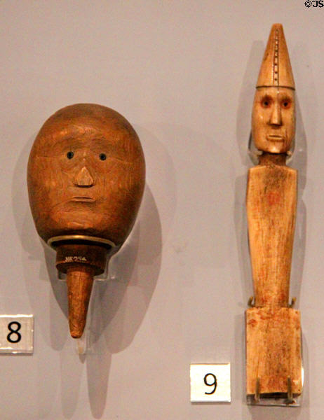 Plains Ojibwe medicine man's wooden marionette head & elk horn figure to cast spells (before 1879) from Yellow Quill Trail, Manitoba at Royal Ontario Museum. Toronto, ON.