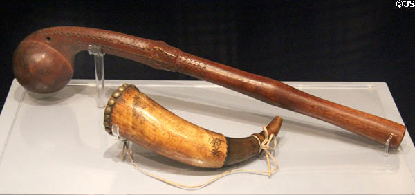 Grand River Iroquois ball-headed club (early 19thC) & powder horn (18thC) at Royal Ontario Museum. Toronto, ON.