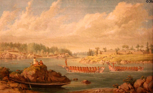 Return of a War Party to Hudson's Bay Company Fort at Songhees village & Fort Victoria on Vancouver Island painting (1849-56) by Paul Kane at Royal Ontario Museum. Toronto, ON.