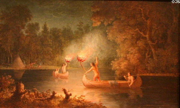 Natives Fishing by Torch Light on Upper Fox River, Wisconsin painting (1849-56) by Paul Kane at Royal Ontario Museum. Toronto, ON.