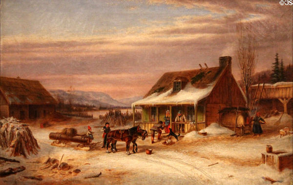 Bringing in the Logs painting (c1860) by Cornelius Krieghoff at Royal Ontario Museum. Toronto, ON.