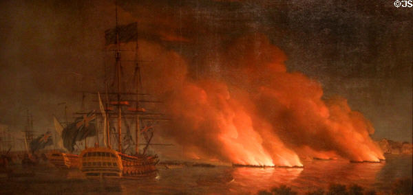 French Fire-Rafts Attack the English Fleet near Quebec City, July 28, 1759 painting (c1761-7) attrib. Samuel Scott at Royal Ontario Museum. Toronto, ON.
