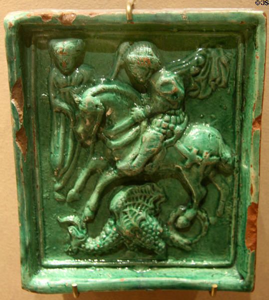 St George slaying dragon ceramic stove tile (1400s) from Germany at Royal Ontario Museum. Toronto, ON.