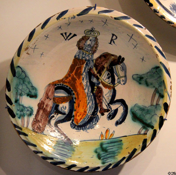 Tin-glazed earthenware charger showing King William III (c1700) probably from Lambeth, England at Royal Ontario Museum. Toronto, ON.