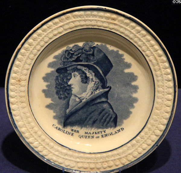 Pearlware earthenware plate with transfer-print of Her Majesty / Caroline Queen of England (c1820) from England at Royal Ontario Museum. Toronto, ON.