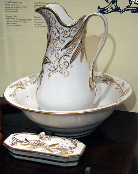 Porcelain pitcher & basin with toothbrush box (1860-76) probably French at Royal Ontario Museum. Toronto, ON.