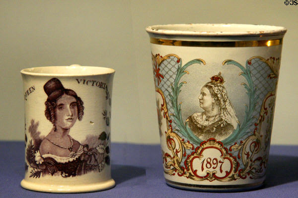 Pearlware mug with transferware image of Princess Victoria (1837) & enameled metal tumbler transfer-printed with Queen Victoria celebrating her Diamond Jubilee (1897) at Royal Ontario Museum. Toronto, ON.