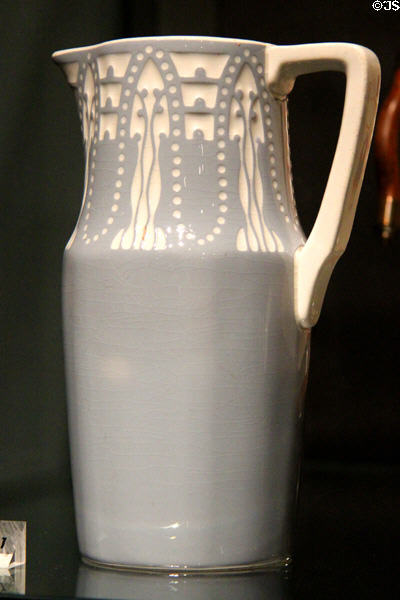 Earthenware pitcher in grey-blue over white pattern (c1910-20) by Villeroy & Boch of Mettlach, Germany at Royal Ontario Museum. Toronto, ON.