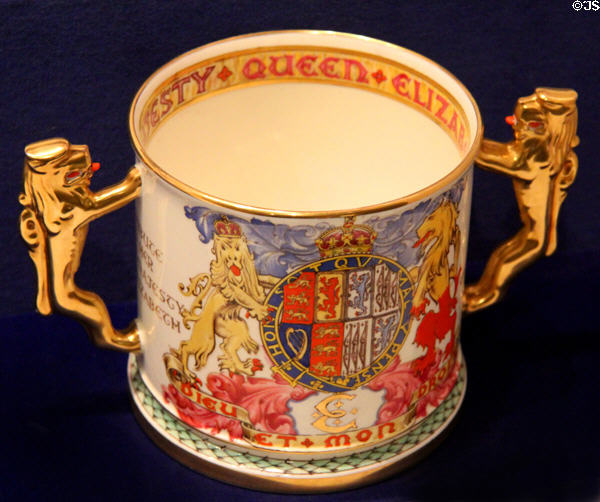 Porcelain loving cup commemorating coronation of George VI & Queen Mother Elizabeth (1937) by J.G. Robinson made by Paragon China of Longton, Staffordshire at Royal Ontario Museum. Toronto, ON.