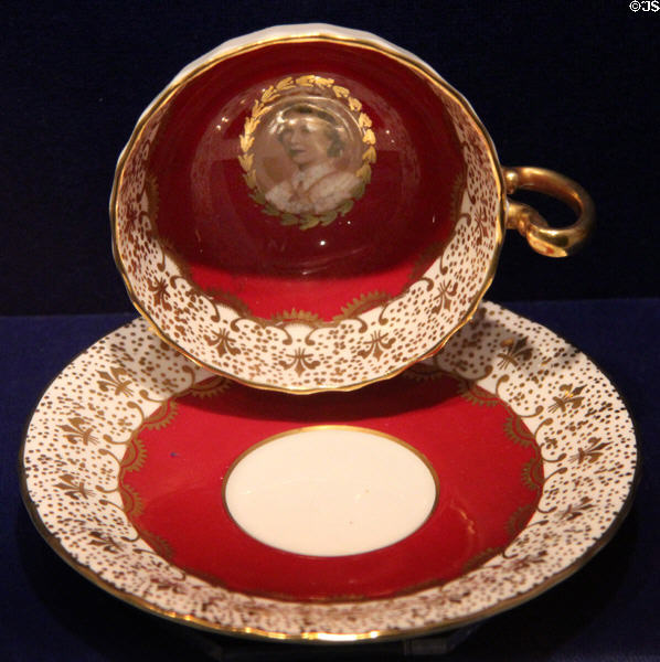 Porcelain cup & saucer with image of Queen Elizabeth to commemorate opening of St Lawrence Seaway (1959) by Aynsley China of Stoke-on-Trent at Royal Ontario Museum. Toronto, ON.