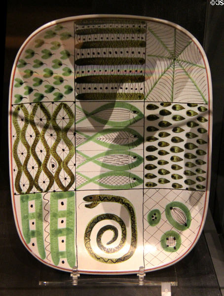 Earthenware platter (c1950-55) by Frederick Sigurd Lindberg made by A.B. Gustavsberg of Sweden at Royal Ontario Museum. Toronto, ON.