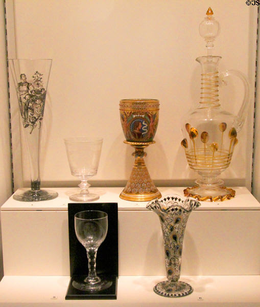 Antique glass collection showing range of techniques used in glass production & decoration at Royal Ontario Museum. Toronto, ON.