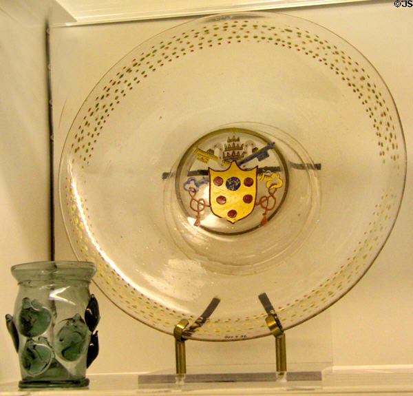 German tumbler with prunts (1500-50) & Venetian Tazza (footed dish) (1500-30) of glass at Royal Ontario Museum. Toronto, ON.