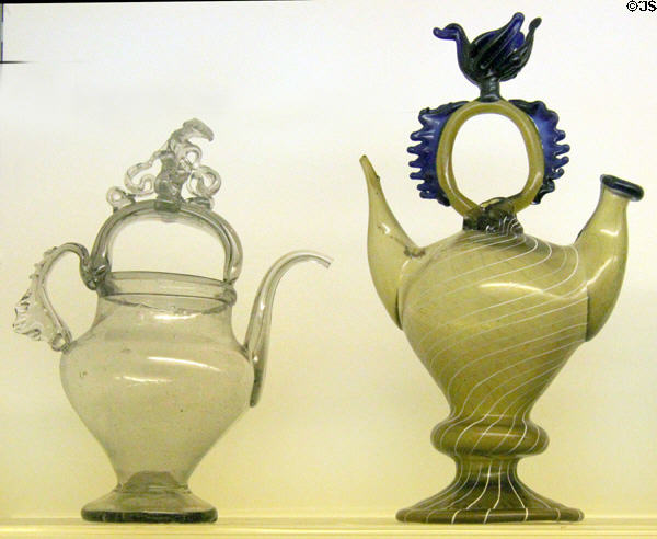 Glass cruche (early 1700s) from Provence, France & Cantir from Catalonia both (early 1700s) for serving wine at Royal Ontario Museum. Toronto, ON.