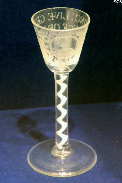 English wineglass (c1759) engraved Long Live George Prince of Wales at Royal Ontario Museum. Toronto, ON.
