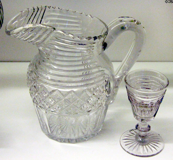 Pressed glass jug (1820-5) & sherry glass (1810-15) from England or Ireland at Royal Ontario Museum. Toronto, ON.