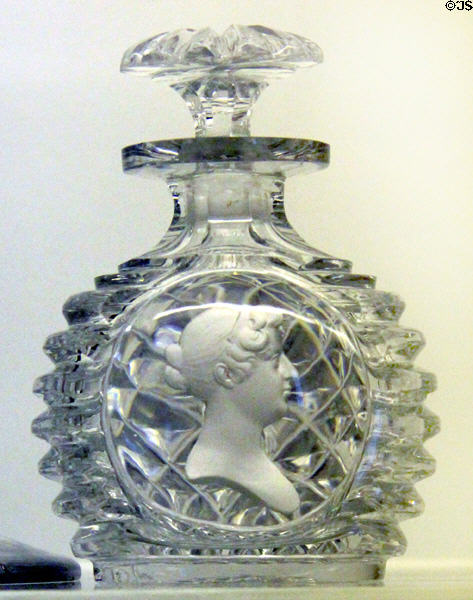 Sulphide of Princess Charlotte on cut-glass decanter (1817-20) by Apsley Pellatt of England at Royal Ontario Museum. Toronto, ON.