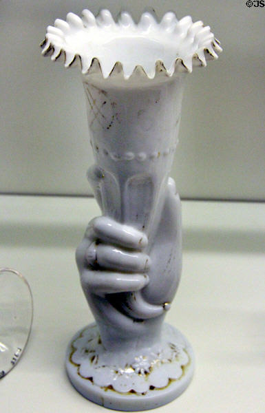 Mould-blown white glass cornucopia vase (c1870-1900) prob. Bohemia at Royal Ontario Museum. Toronto, ON.