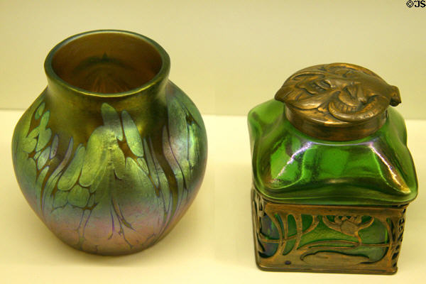 Art Nouveau Lötz-style vase & glass & metal inkwell (c1900) from Germany or Austria at Royal Ontario Museum. Toronto, ON.