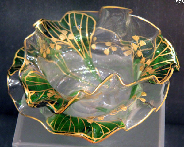 Glass fingerbowl with green & gilt decoration (c1910) by Thomas Webb & Sons of Stourbridge, England at Royal Ontario Museum. Toronto, ON.