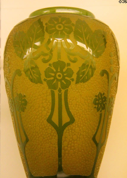 Steuben vase (1920) in blue Aurene over crackle design at Royal Ontario Museum. Toronto, ON.
