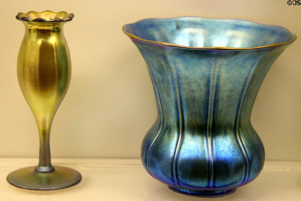 Gold (1915) & blue (1920) Aurene glass vases by Steuben Glass of Corning, NY at Royal Ontario Museum. Toronto, ON.