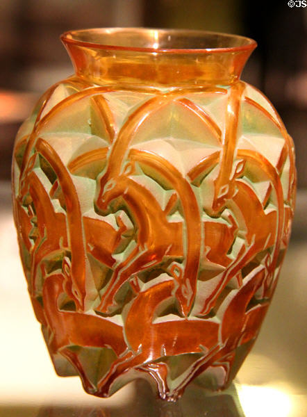 Chamois glass vase with scimitar-horned oryx (c1931) by R, Lalique of France at Royal Ontario Museum. Toronto, ON.