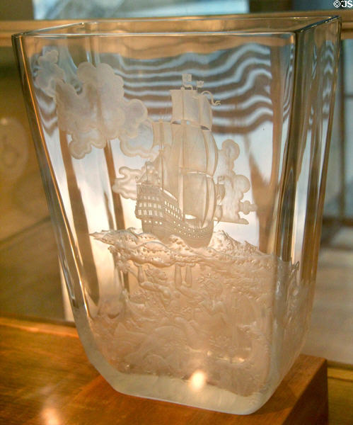 Neptune glass vase (1947) by Nils Landberg & engraved by Arthur Diessner for Orrefors Glasbruk AB of Sweden at Royal Ontario Museum. Toronto, ON.