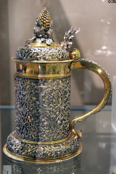 Silver & silver-gilt cagework tankard (c1733) possibly by Garbrandt Gerrits de Voss of Hanover, Germany at Royal Ontario Museum. Toronto, ON.