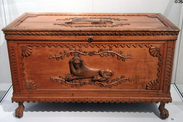 Pine chest with English themes (c1880-90) from Saint-Jean-Port-Joli, Quebec at Royal Ontario Museum. Toronto, ON.