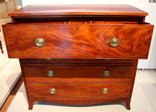 Mahogany bureau desk (c1800-10) from Saint John, NB at Royal Ontario Museum. Toronto, ON.