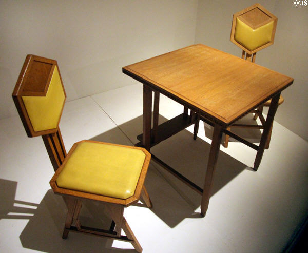 Table (1915-21) & side chair (1921) by Frank Lloyd Wright both made for Imperial Hotel in Tokyo, Japan at Royal Ontario Museum. Toronto, ON.