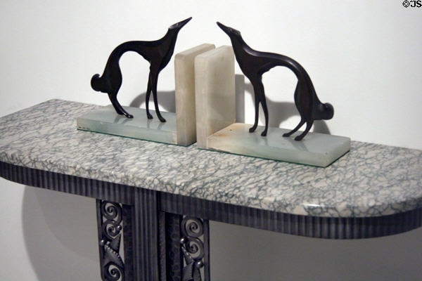 Art Deco bronze & onyx bookends with greyhounds (1920s) from Grigio, Italy at Royal Ontario Museum. Toronto, ON.