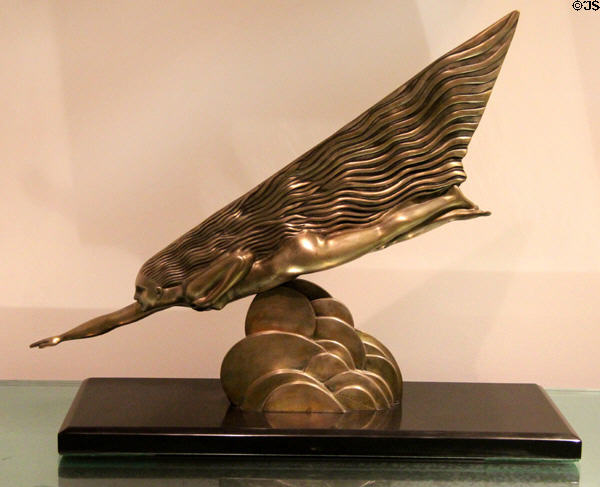 Art Deco silvered-bronze & marble sculpture of woman in flight (1920s) by Maurice Guiraud-Rivière from France at Royal Ontario Museum. Toronto, ON.