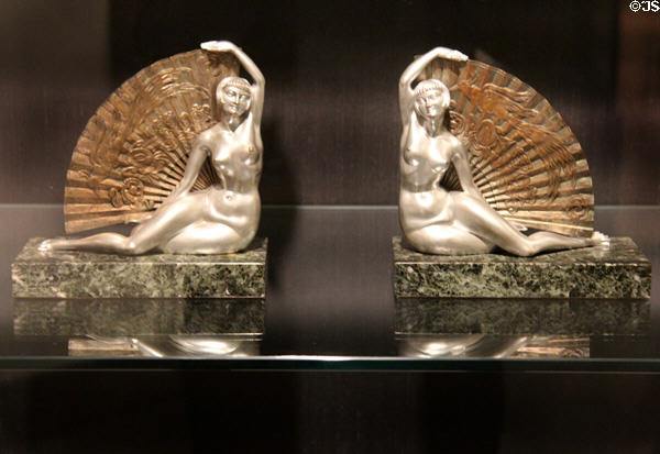 Art Deco silvered-bronze & marble bookends with fan dancers (1920s) from Paris at Royal Ontario Museum. Toronto, ON.