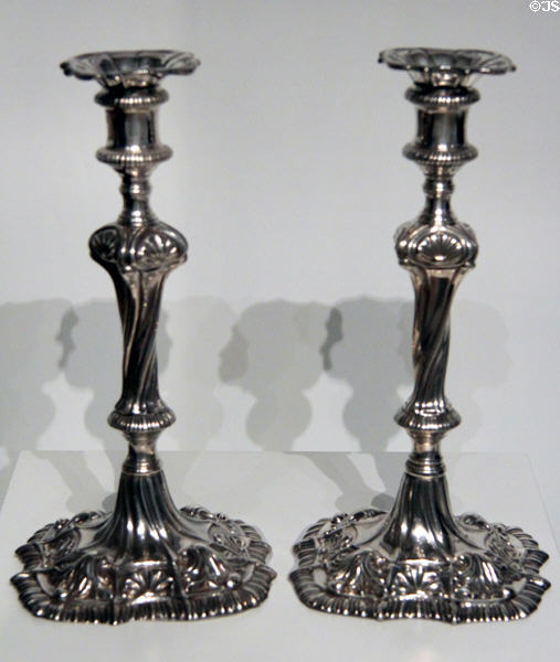 Silver candlesticks (1762-3) by William Cafe which were brought to Canada by British brigadier-general Sir John Johnson as a losing Loyalist after the American Revolution at Royal Ontario Museum. Toronto, ON.