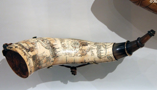 Powder horn (c1813) which belonged to Ensign Philip Burns of the Lower Canada Militia (Quebec) who used it during the War of 1812 at Royal Ontario Museum. Toronto, ON.
